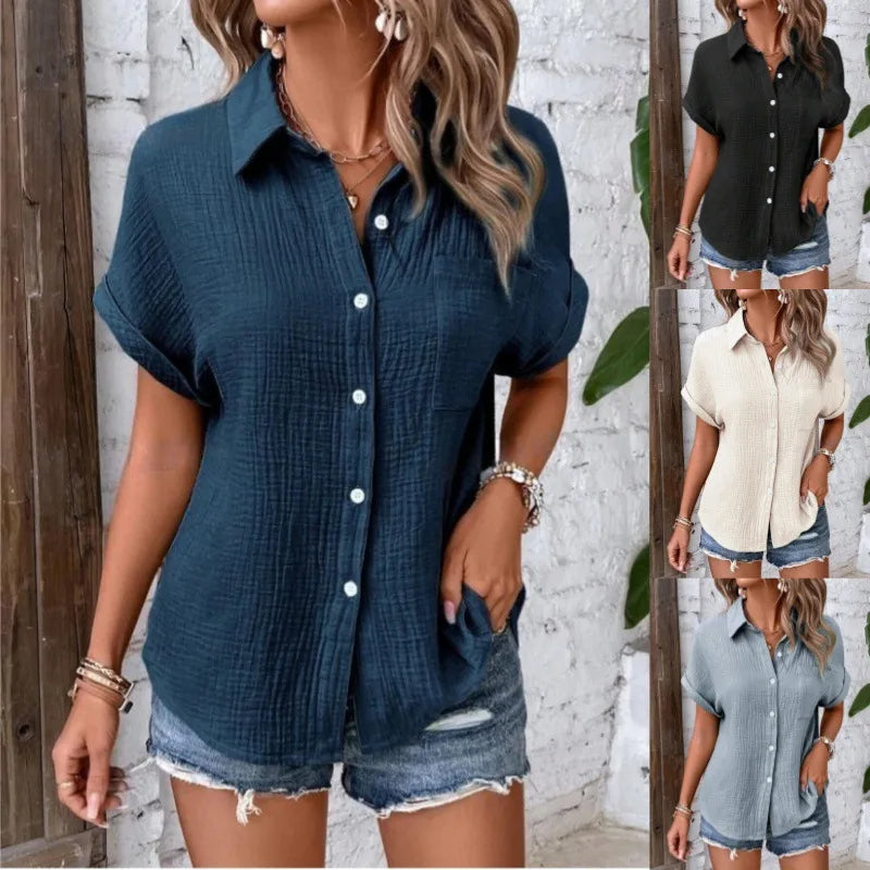 Women Casual Cotton Blouse Vintage Summer Short Sleeve Slim Shirt Elegant Turn Down Collar Solid Tunics Harajuku Streetwear Tops
