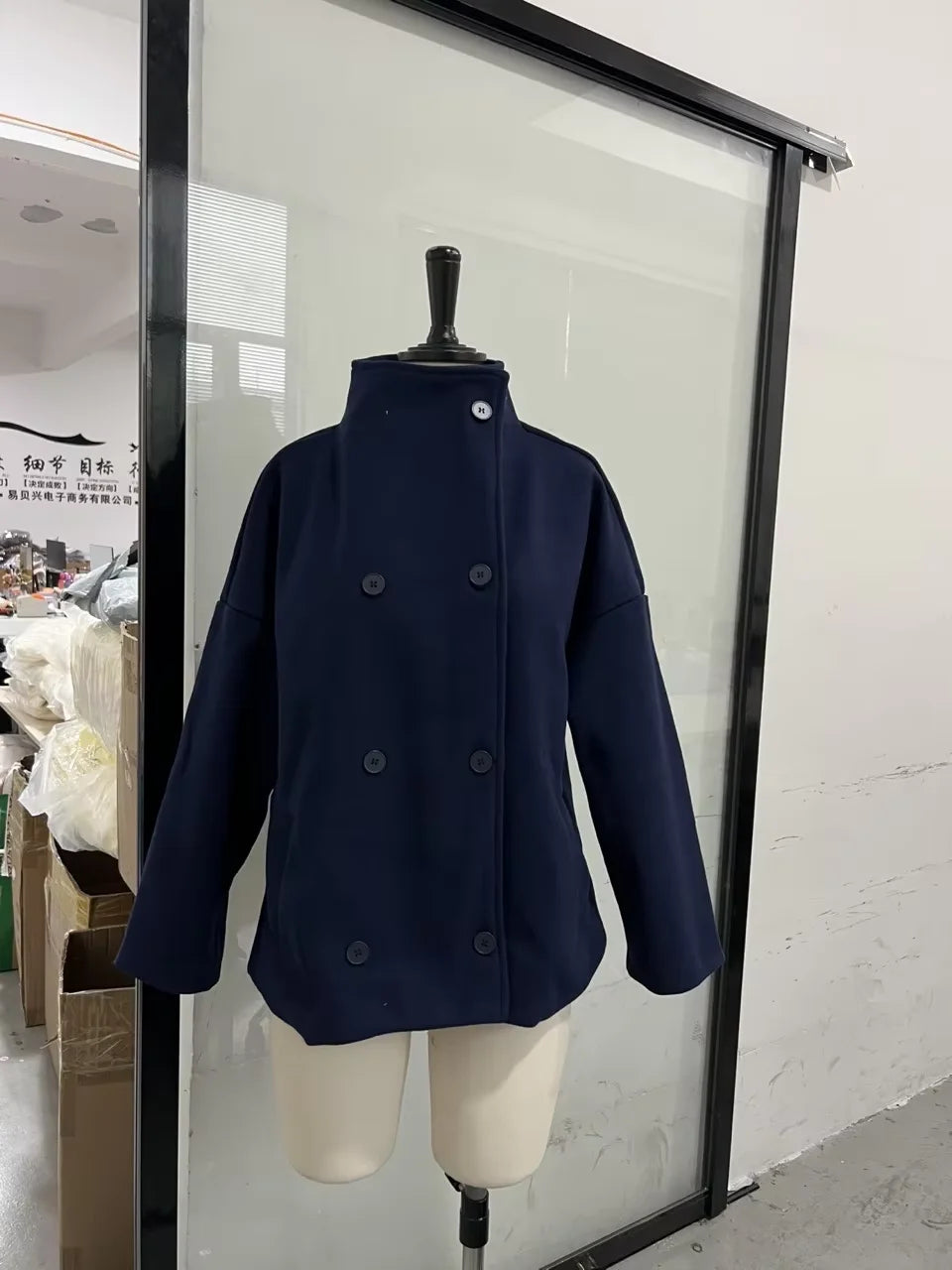Classic Black High Neck Faux Wool Coats Women Chic Double Breasted Wide Sleeve Pocket Jackets Fall Winter Street Loose Outerwear