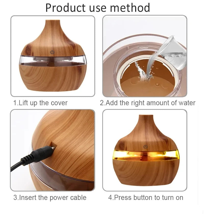 Humidificateur électrique diffuseur d'arômes en bois ultrasonique, humidificateur d'air diffuseur d'huiles essentielles brumisateur froid pour la maison 300 ml