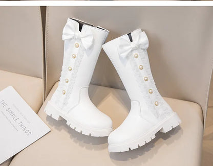 Girls' Waterproof Knee-High Boots with Bow & Lace