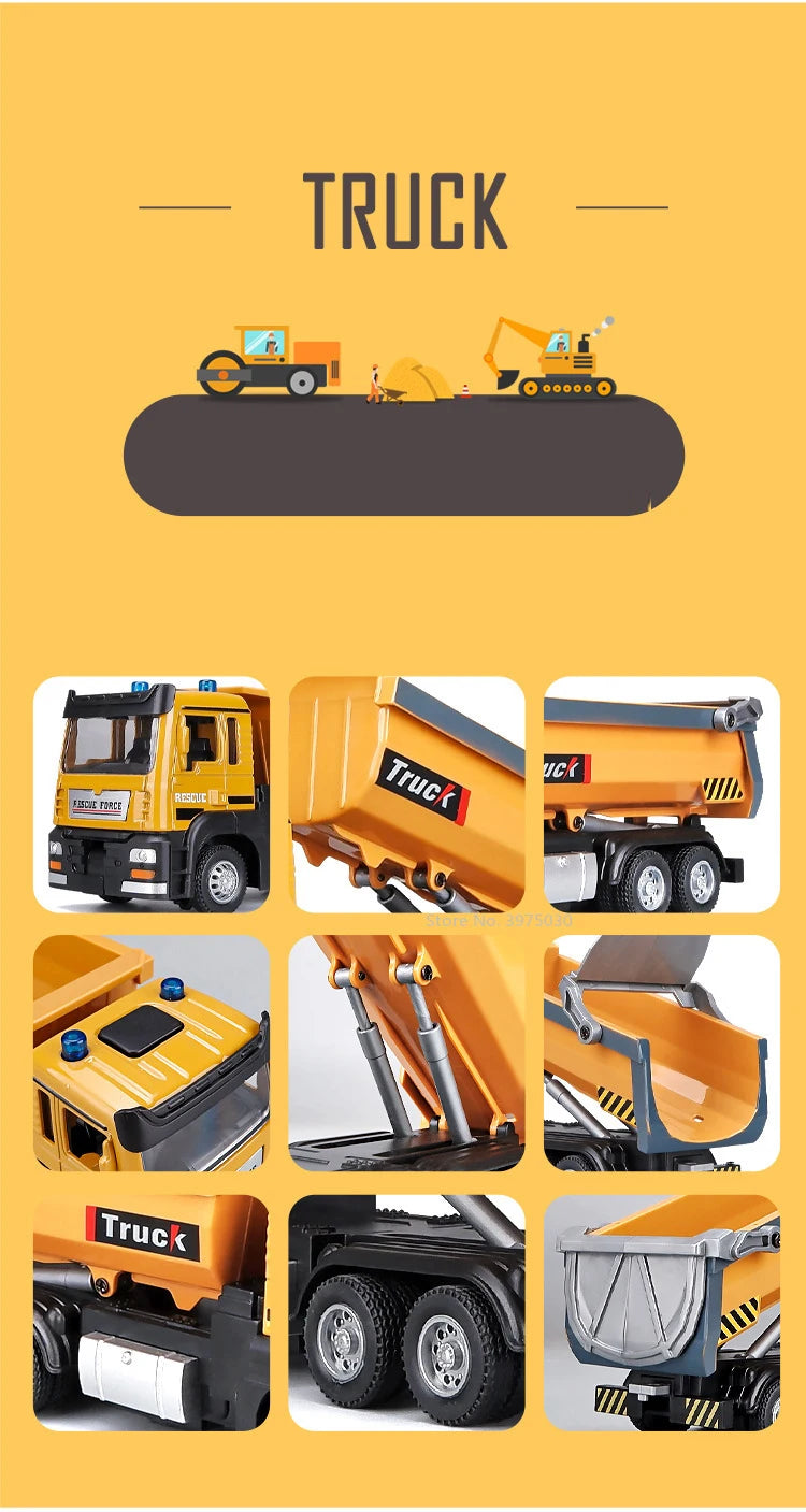 1:50 Die-Cast Dump Truck – Pull-Back Toy with Lights & Sounds