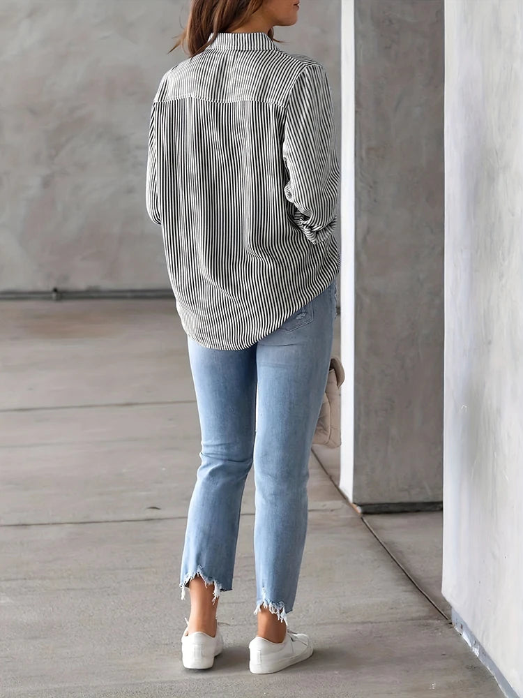 Women Long Sleeve Striped Loose Shirt Office Lady Elegant Turn Down Collar Harajuku Blouse Casual Lapel Tops Female Clothes