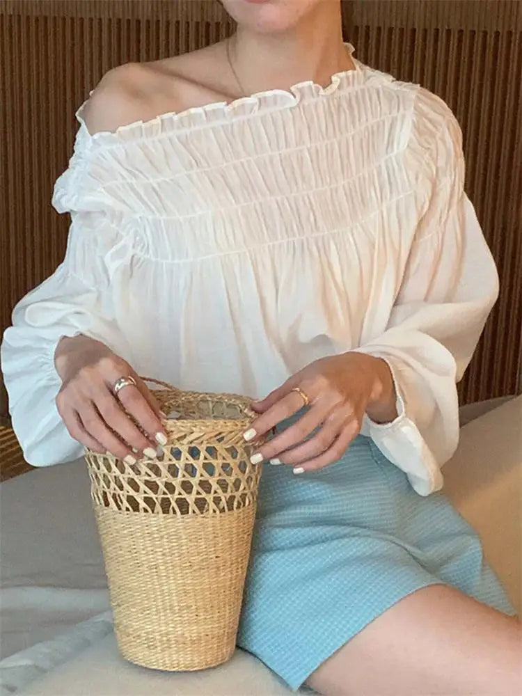 Korean Chic Sweet Elegant Chiffon Blouse With Puff Sleeves Round Neck Pleated Design for Women's Summer Shirts Loose Casual Top