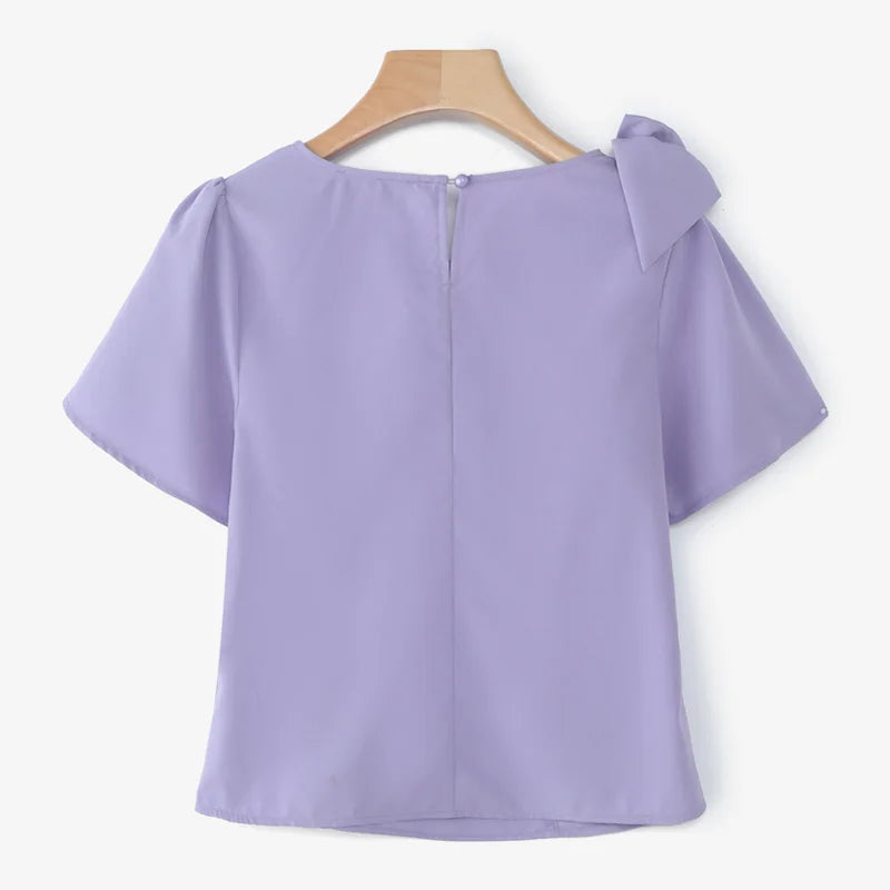 Women Blouse ZANZEA Elegant Office Lady Summer Short Puff Sleeve Bow Fashion Shirts 2025 Casual Solid Color Tops Tunic Blusas