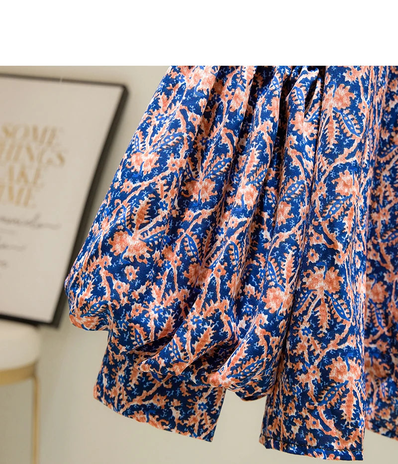 Floral Print Vintage Chiffon Stand Collar Lantern Sleeve Pullover Women's Blouse Shirt Casual Female Clothing Tops Fashion 2024