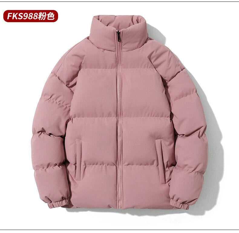 Women Men Winter Puffer Jacket, Solid Color Zip Up Stand Collar Warm Coat, Loose Casual Long Sleeve Outerwear For Daily
