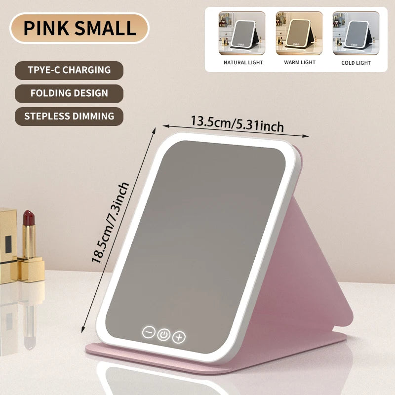 Foldable LED Makeup Mirror – 3 Light Colours, Dimmable Touch Control, Rechargeable