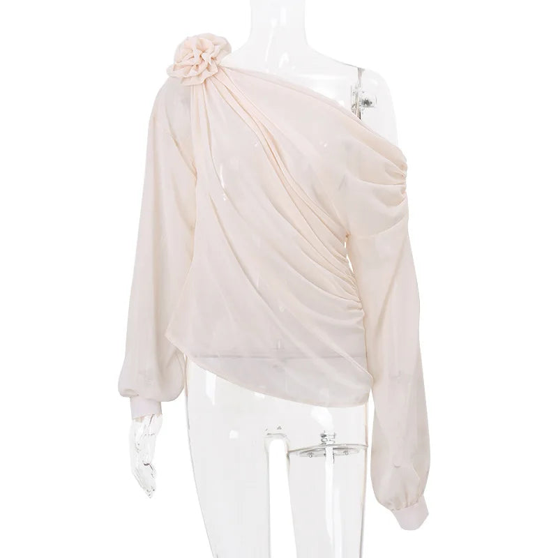 Women's Chiffon Blouse – Tie Flower Slash Neck Loose Top for Spring & Summer