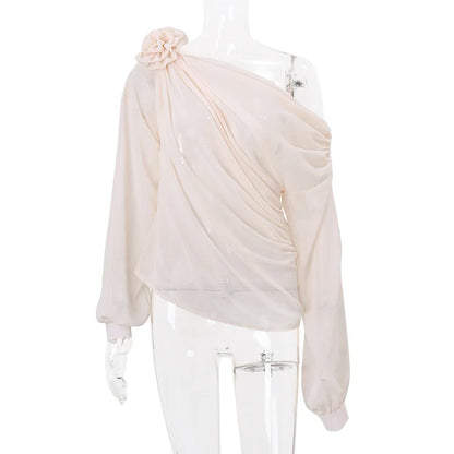 Blusa da donna in chiffon – Top ampio con scollo all'americana, fiore e laccetti per primavera ed estate