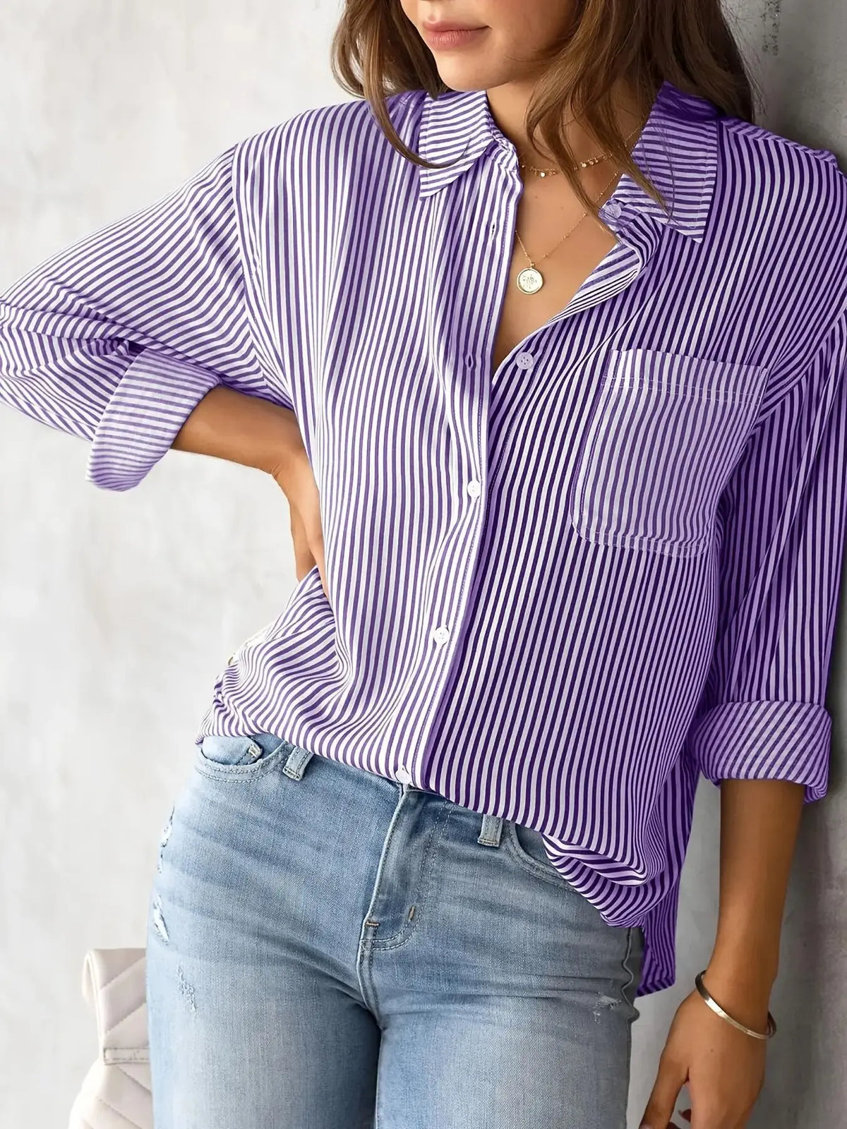 Women Long Sleeve Striped Loose Shirt Office Lady Elegant Turn Down Collar Harajuku Blouse Casual Lapel Tops Female Clothes