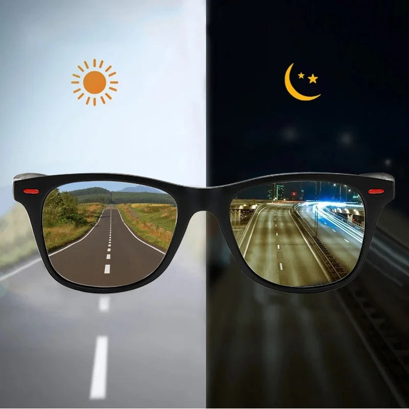 Sunglasses with reflective road scene on a split background of day and night.