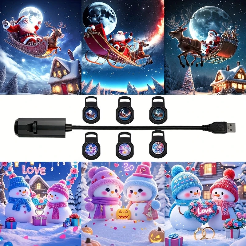 Mini USB Christmas Projector – Santa, Snowman & Tree Patterns