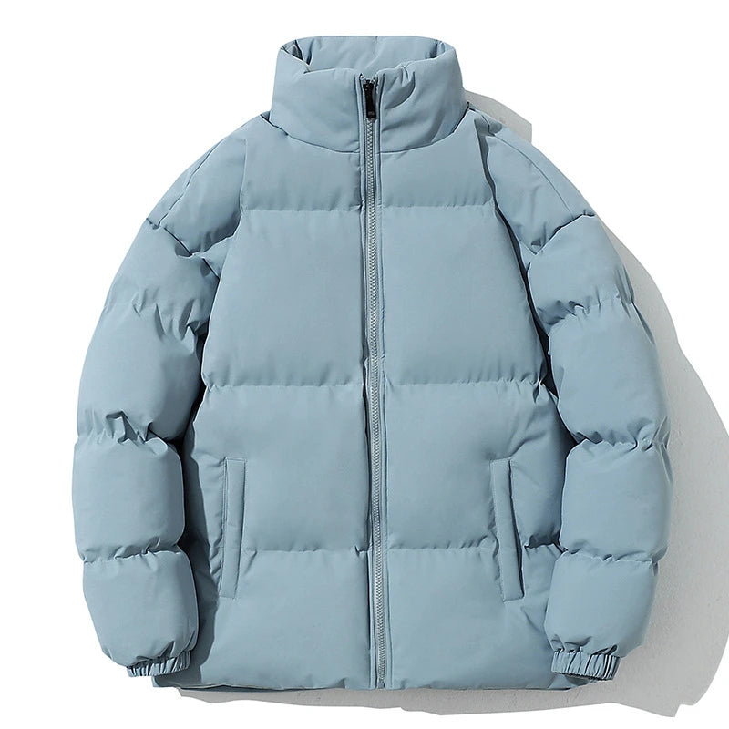 Women Men Winter Puffer Jacket, Solid Color Zip Up Stand Collar Warm Coat, Loose Casual Long Sleeve Outerwear For Daily