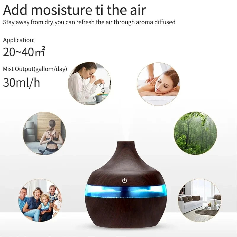Humidificateur électrique diffuseur d'arômes en bois ultrasonique, humidificateur d'air diffuseur d'huiles essentielles brumisateur froid pour la maison 300 ml