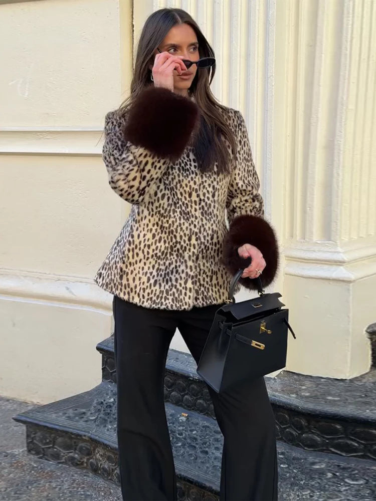 Street Leopard Print Fur Cuffs Jacket Women Stand Collar Full Sleeve Buttons Jackets 2026 Autumn Winter Fashion Lady Outwear
