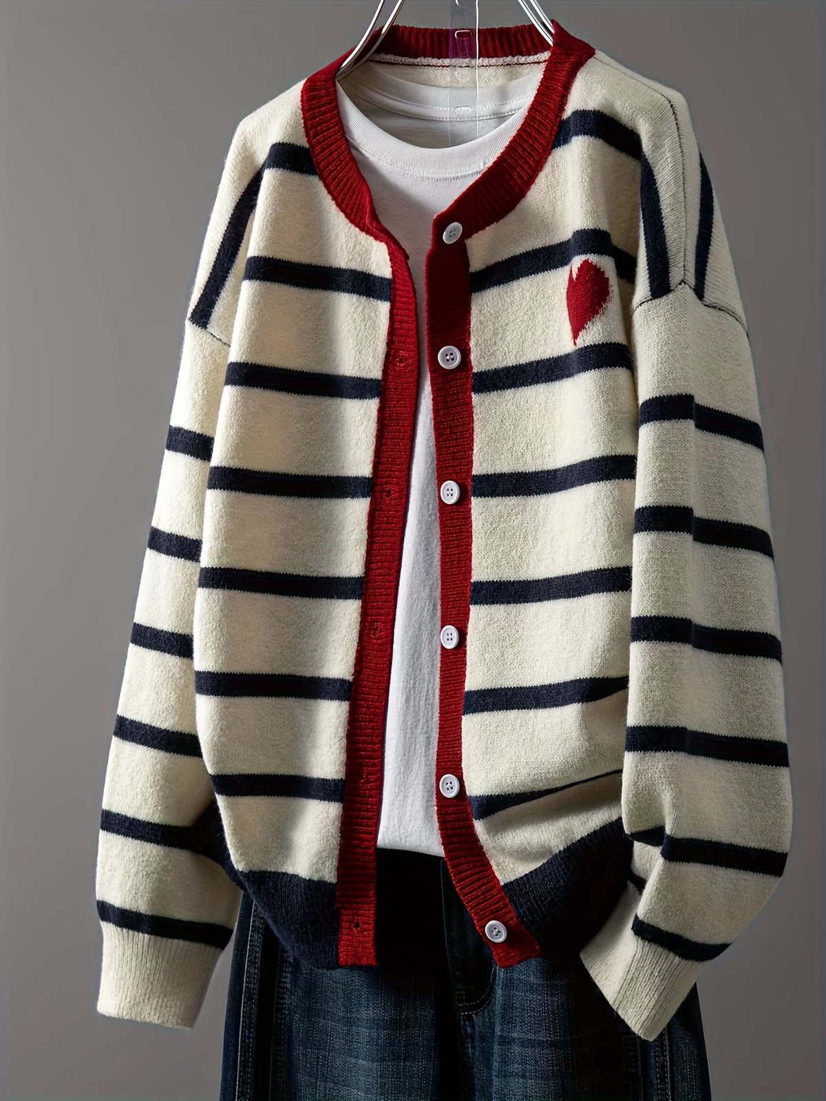 Women's Striped Button Front Cardigan, Cute Heart Pattern Knit Coat, Casual Fashion Outwear