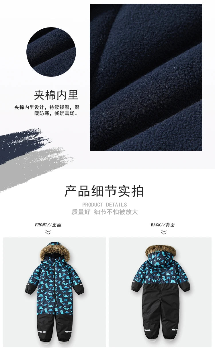 Baby Boys One-Piece Ski Suits Children's Snowboarding Fur Hooded Thick Windproof Warm Skiing Sports Clothes for Winter