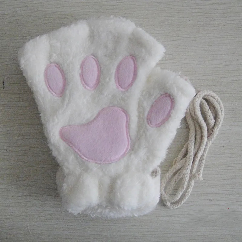 Women's Plush Cat Paw Fingerless Gloves