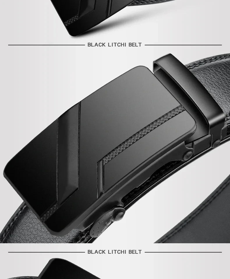 Men's Automatic Buckle Belt – Black Faux Leather Ratchet Belt, 110–130 cm