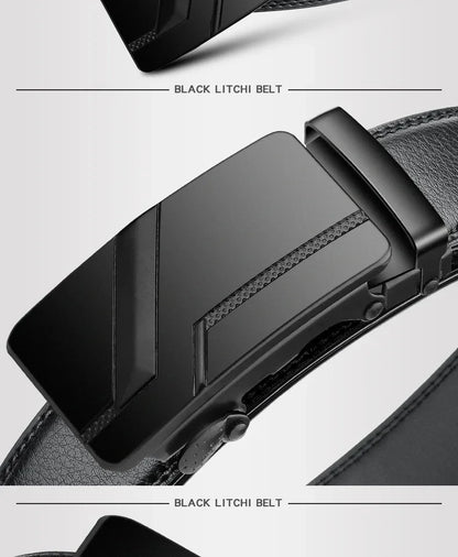 Cintura da uomo con fibbia automatica – Cintura a cremagliera in similpelle nera, 110–130 cm