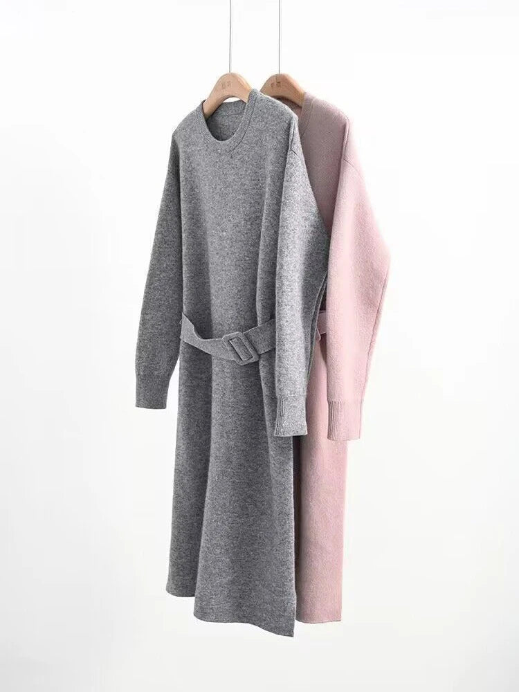 Women's Knit A-Line Midi Dress with Sash