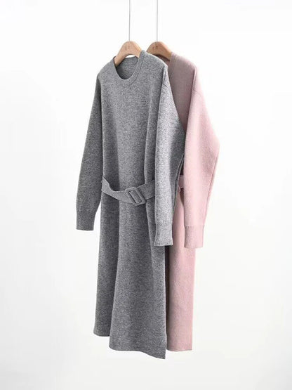 Vestido midi de punto en línea A con cinturón para mujer