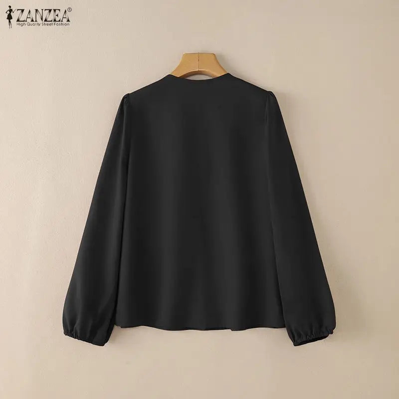 Ruffle Lace-Up Lantern-Sleeve Blouse