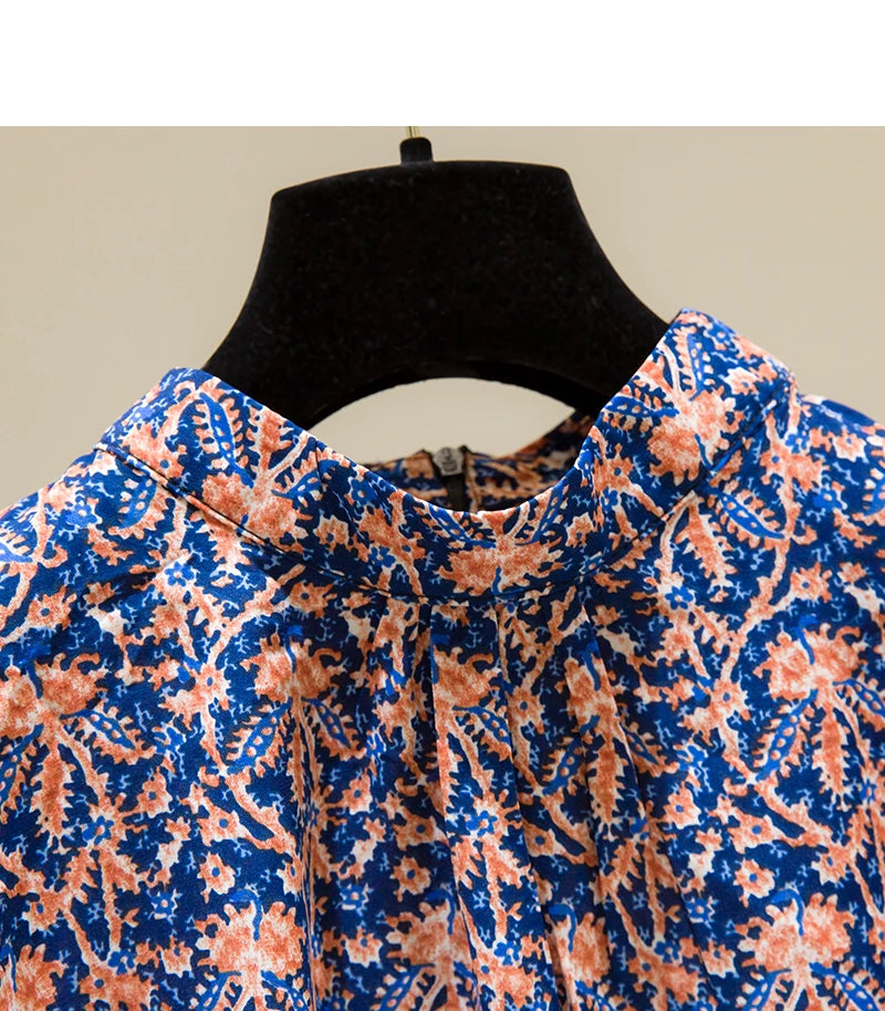 Floral Print Vintage Chiffon Stand Collar Lantern Sleeve Pullover Women's Blouse Shirt Casual Female Clothing Tops Fashion 2024