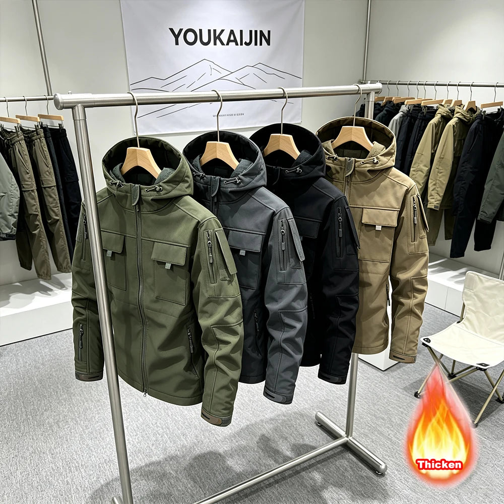 Men's Military Soft Shell Tactical Jacket Winter Warm Fleece Hunting Jackets Outdoor Hiking Fishing Hooded Multi-pockets Coat