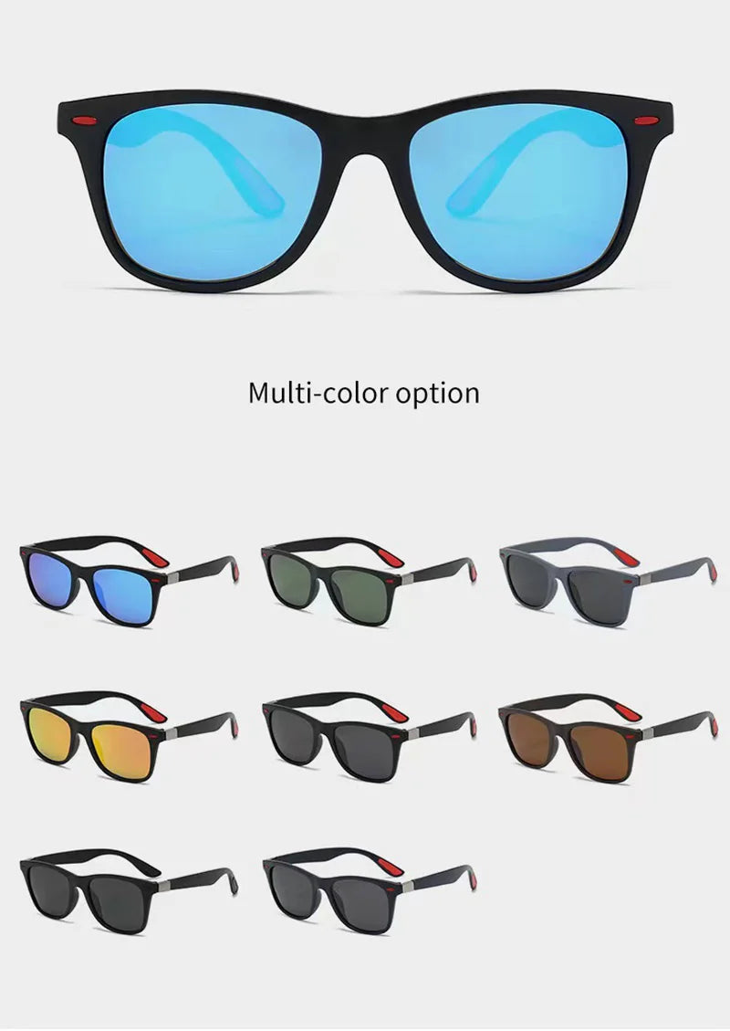 Collection of sunglasses with various colored lenses on a white background