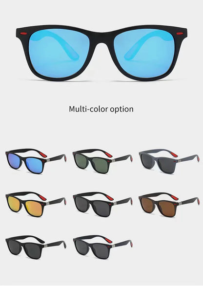 Collection of sunglasses with various colored lenses on a white background