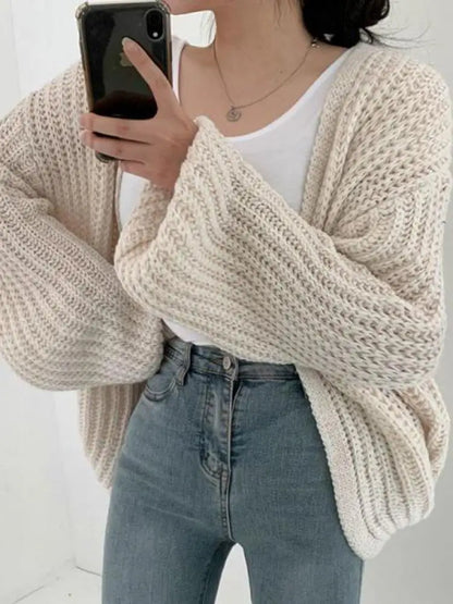 Women's Lantern-Sleeve Knit Cardigan – Relaxed Open-Front Sweater