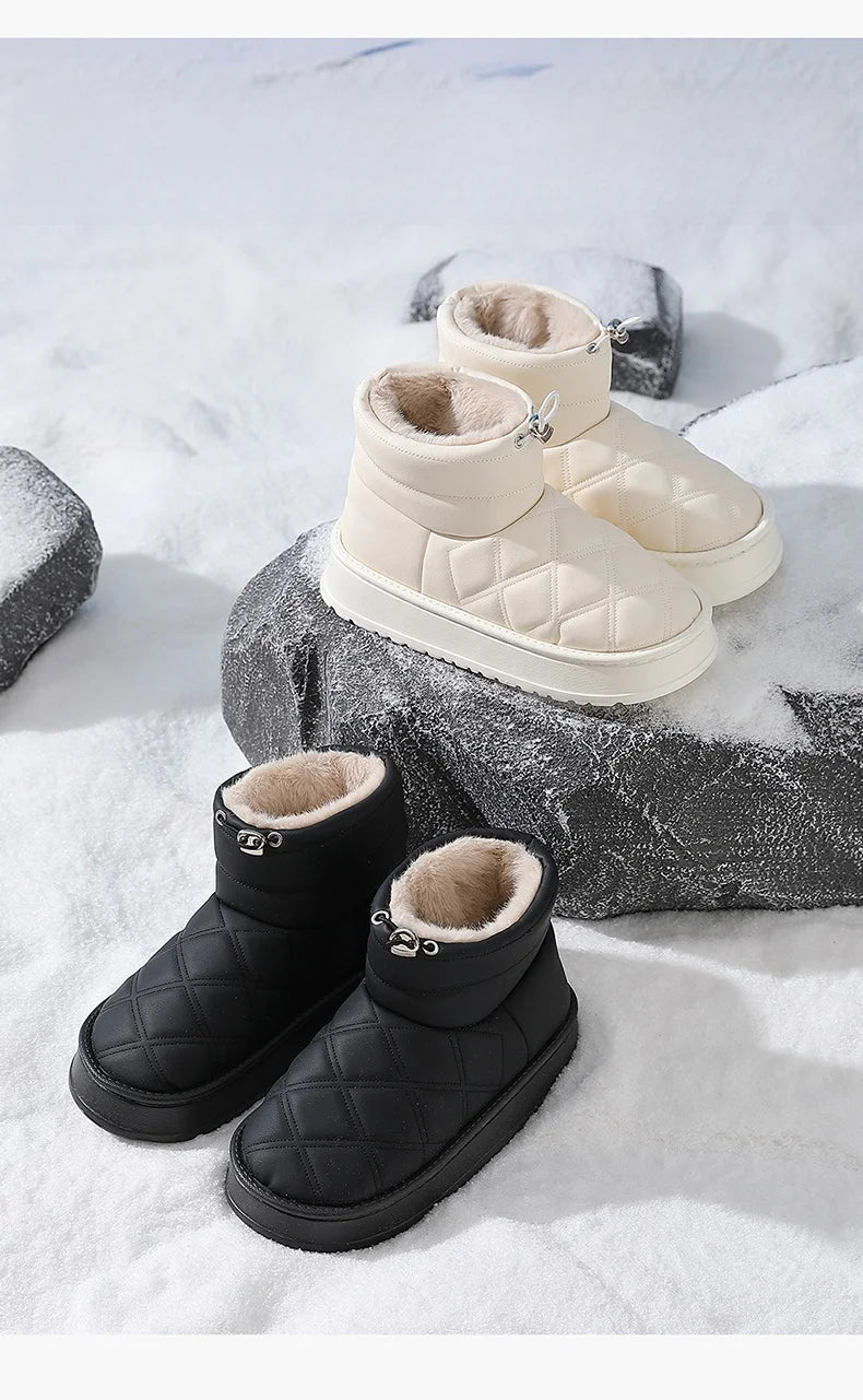 Women's Winter High-Top Fur Lined PU Leather Snow Boots Waterproof Cotton Shoes Warm Fashionable Short Tube EVA Inner Material