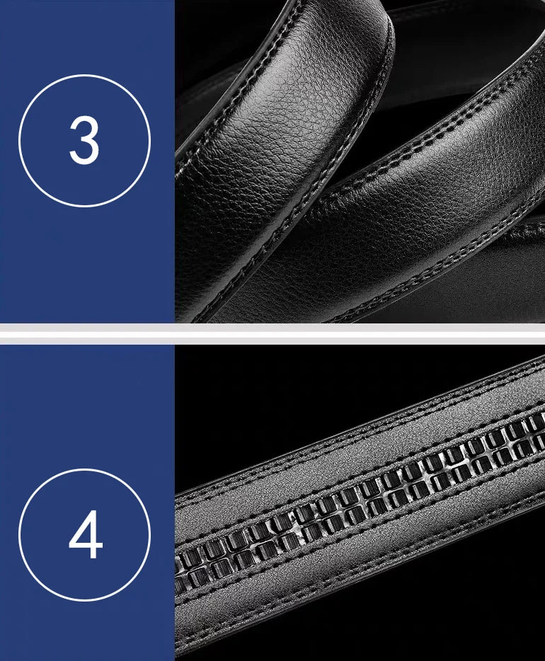 Men's Automatic Buckle Belt – Black Faux Leather Ratchet Belt, 110–130 cm