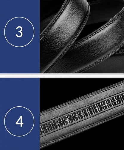 Cintura da uomo con fibbia automatica – Cintura a cremagliera in similpelle nera, 110–130 cm