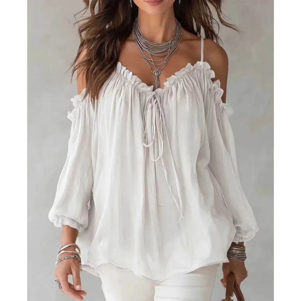 Elegant Off Shoulder Blouse Ruffled V Neck Lace Up Puff Sleeve Chiffon Shirts Loose Casual Summer Fashion Women Long Sleeve Top
