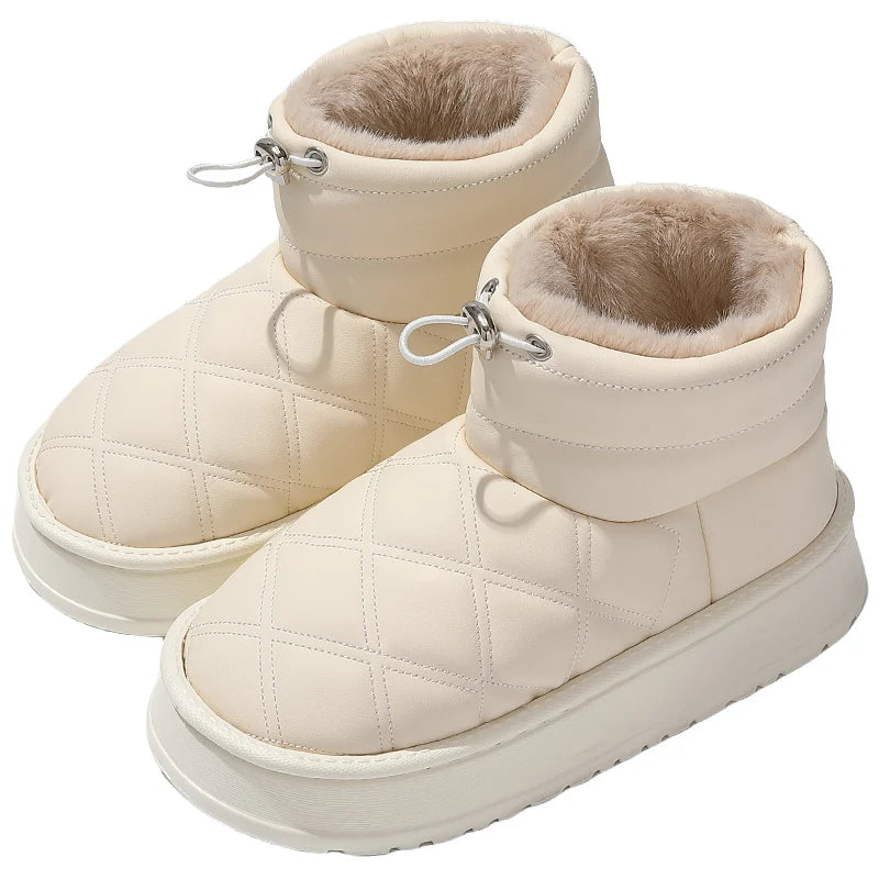 Women's Winter High-Top Fur Lined PU Leather Snow Boots Waterproof Cotton Shoes Warm Fashionable Short Tube EVA Inner Material