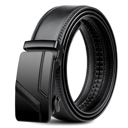 Cintura da uomo con fibbia automatica – Cintura a cremagliera in similpelle nera, 110–130 cm