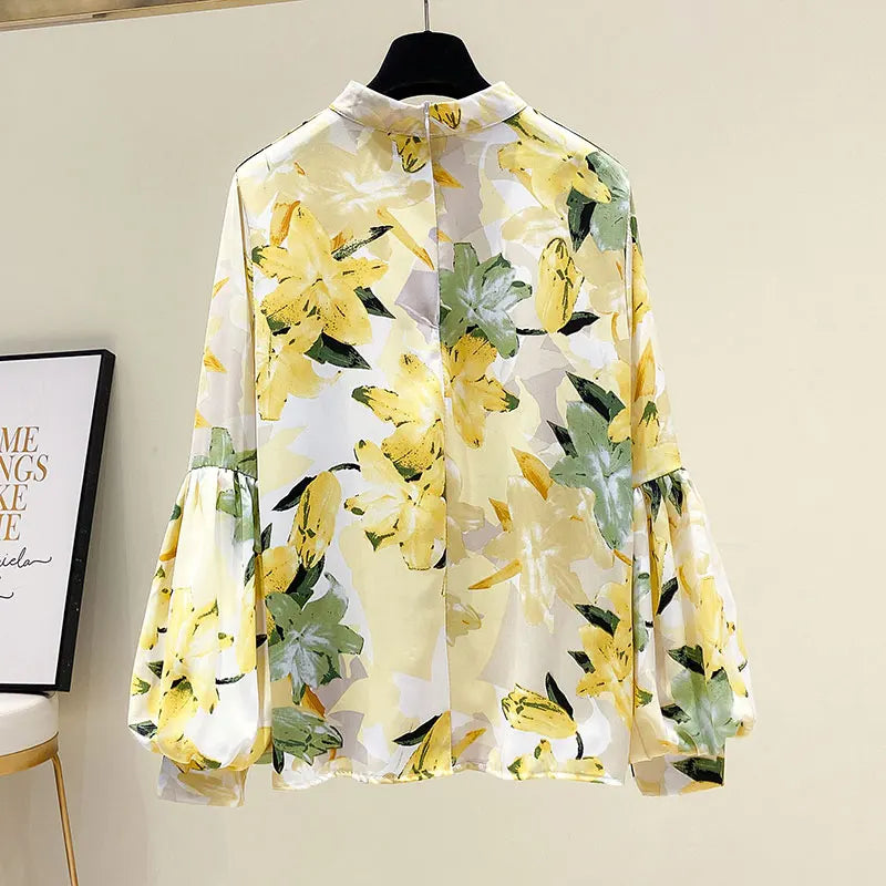 Yellow Floral Printing Chiffon Stand Collar Lantern Sleeve Pullover Women's Blouse Shirt Casual Female Clothing Tops Fashion