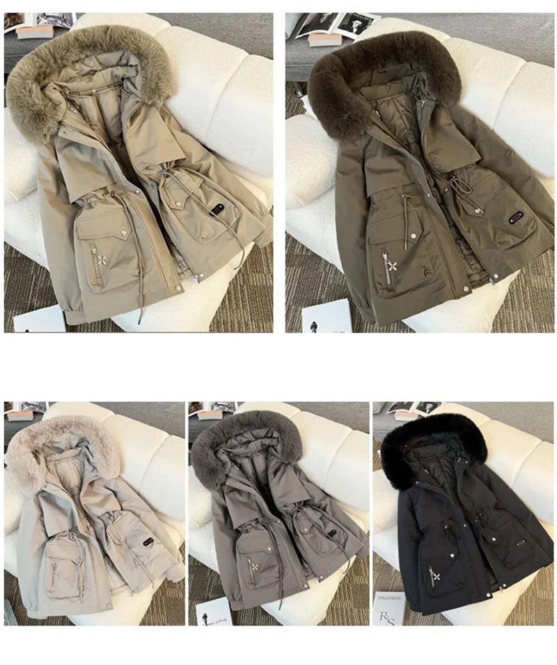 Streetwear Winter Short Parkas Women's Detachable Liner Cotton-padded Jackets Fur Collar Hooded Coats Lady Outerwear 3 Ways Wear