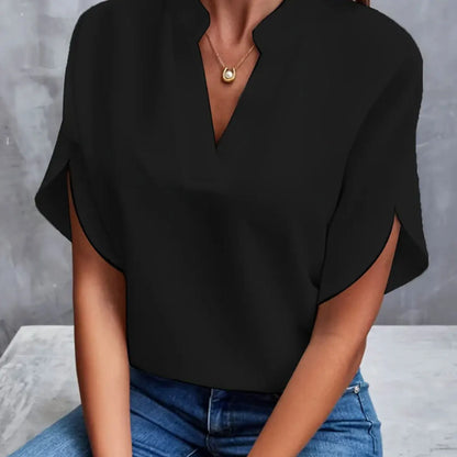 Blusa elegante de gasa con cuello en V para mujer – Top holgado de verano con manga corta para uso informal