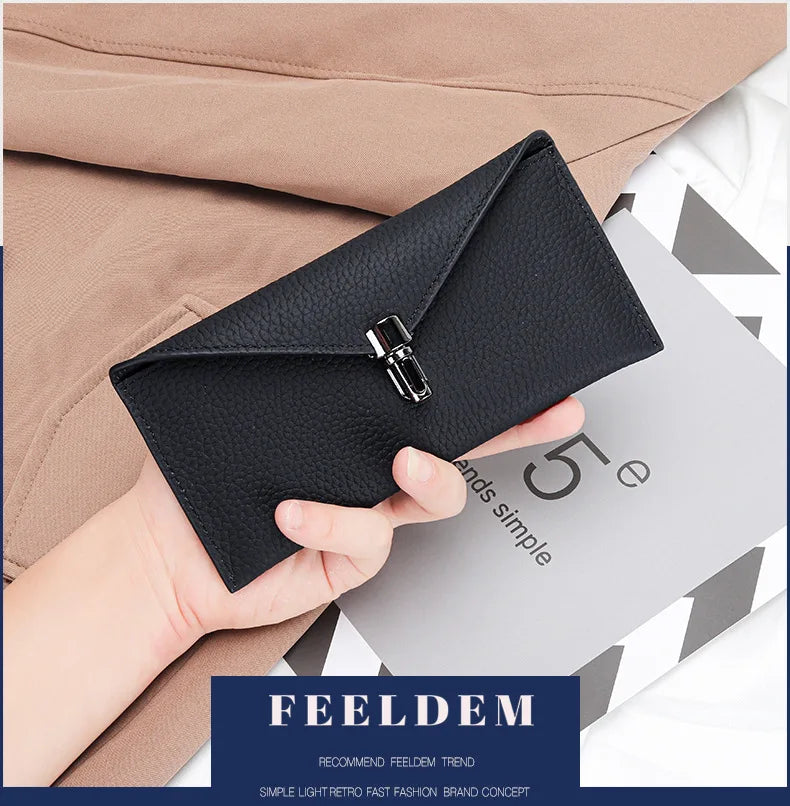 Genuine Leather Envelope Wallet for Women – Slim Long Clutch with Lock Clasp