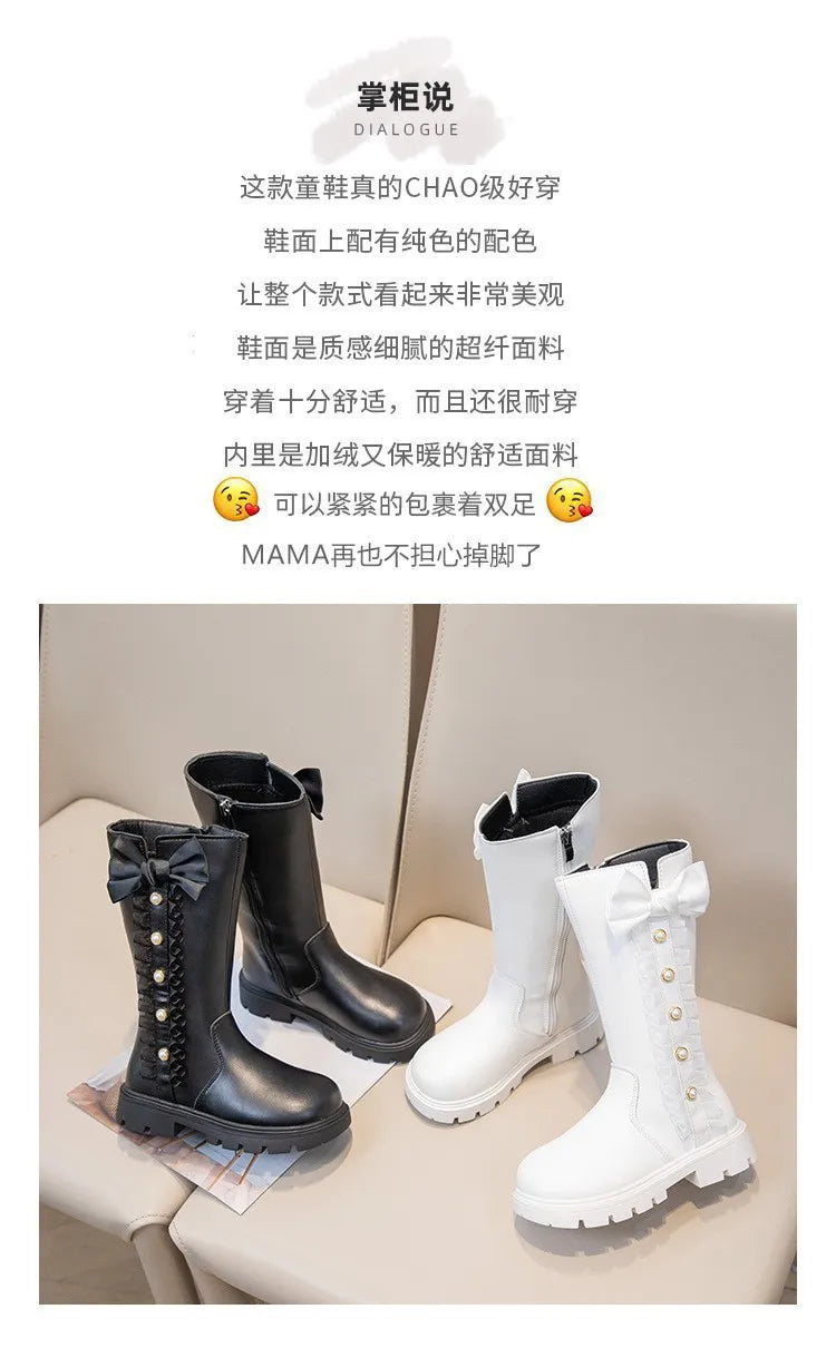 Girls' Waterproof Knee-High Boots with Bow & Lace