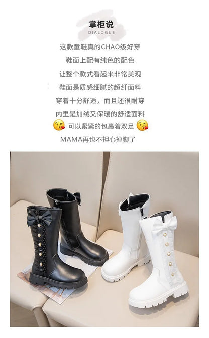 Girls' Waterproof Knee-High Boots with Bow & Lace