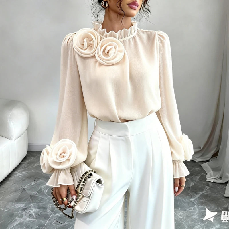 Women's Magenta Sheer Chiffon Blouse 3D Floral Appliqué Ruffled Mock Neck Puff Long Sleeve Loose Casual Summer Daily Party Top