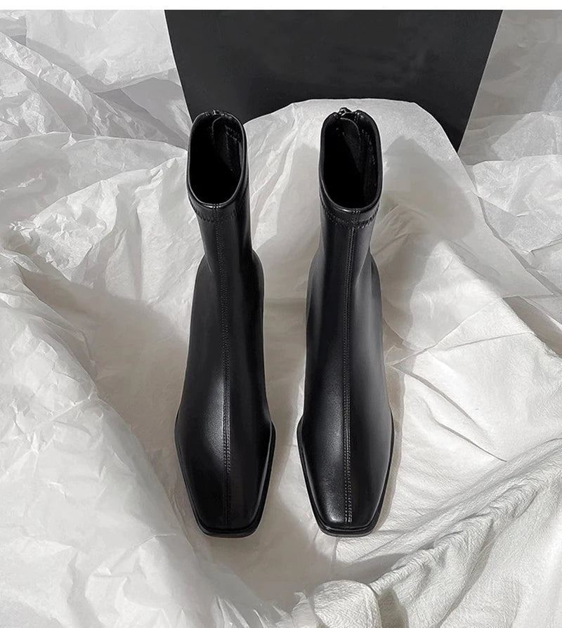 Vintage Warm Cotton Women Ankle Boots Fashion Elegant Square Toe Shoes Autumn Winter Thick Heel Women's Short Booties