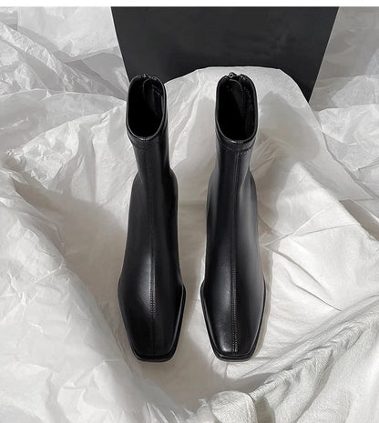 Botines de mujer con punta cuadrada, cremallera y tacón de bloque