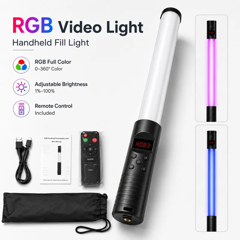 عصا إضاءة الفيديو المحمولة RGB – مصباح LED قابل لإعادة الشحن مع حامل ثلاثي اختياري