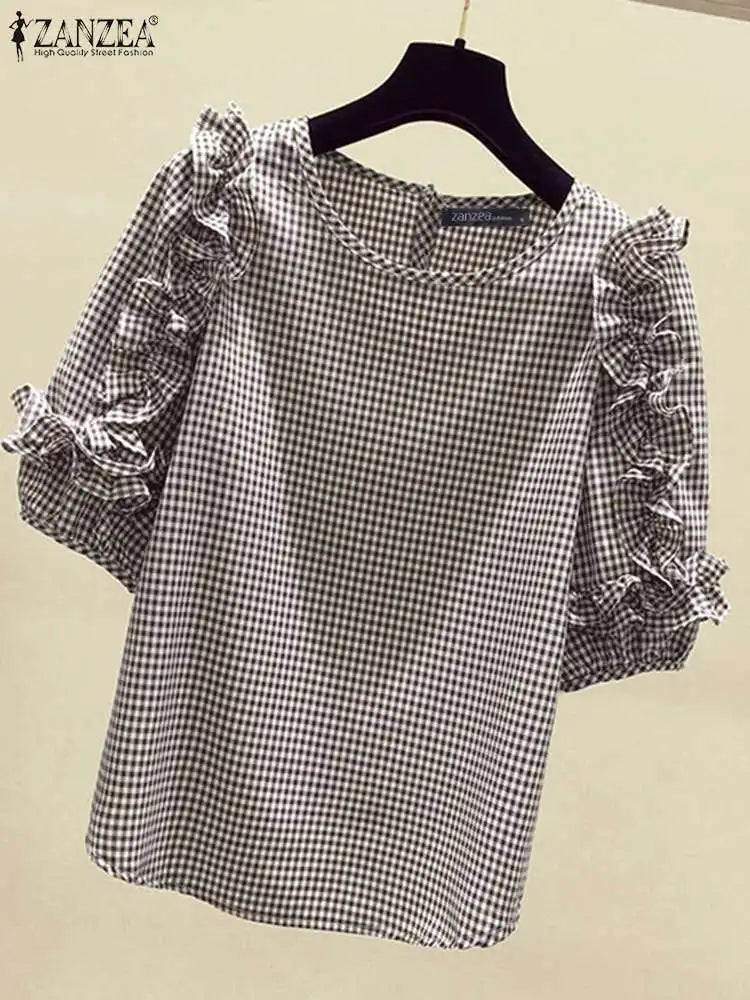 Ruffle-Trim Plaid Lantern-Sleeve Blouse