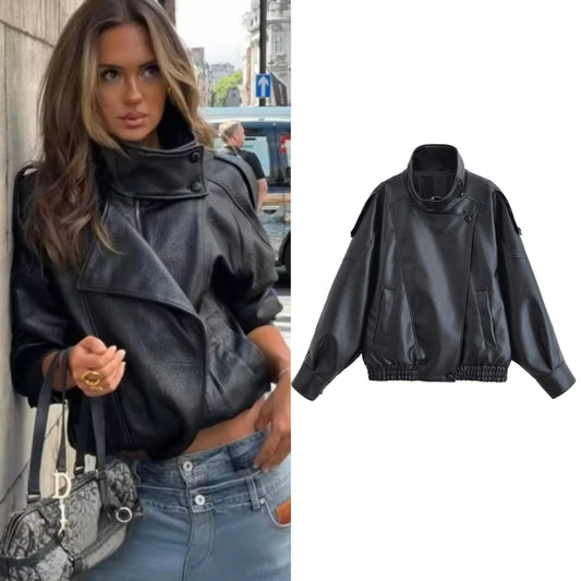 Guobioziy Women's Faux-Leather Zip Jacket
